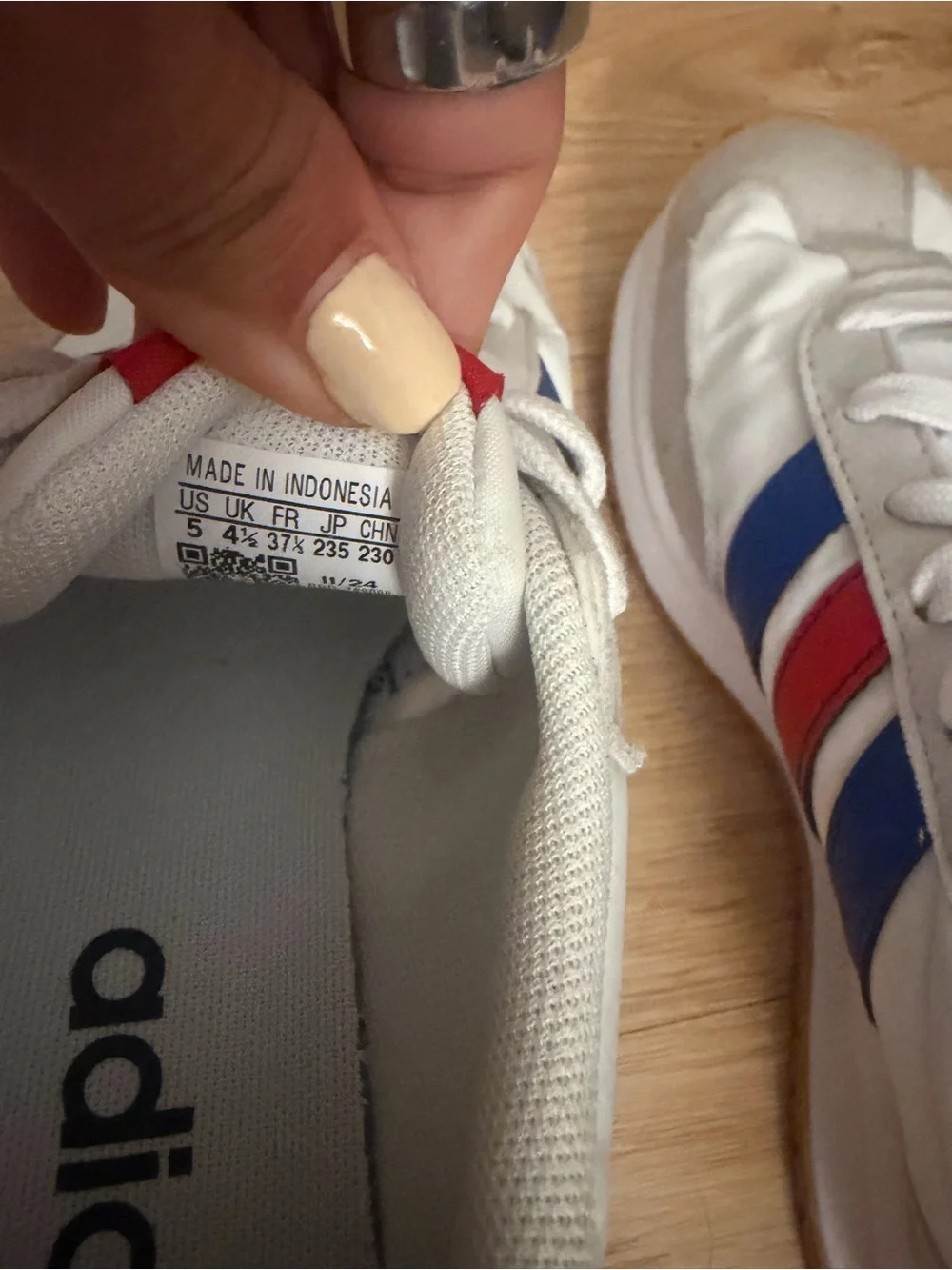 adidas White Sneakers with Red & Blue Stripes